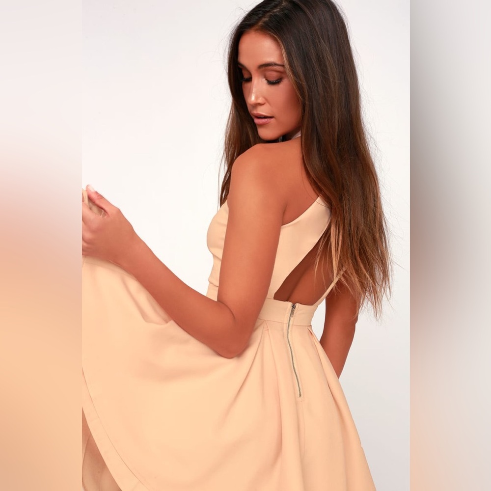 Lulus Peach Halter Fit Flare Mini Dress Open Back Ruffle Skater Medium - Picture 9 of 14